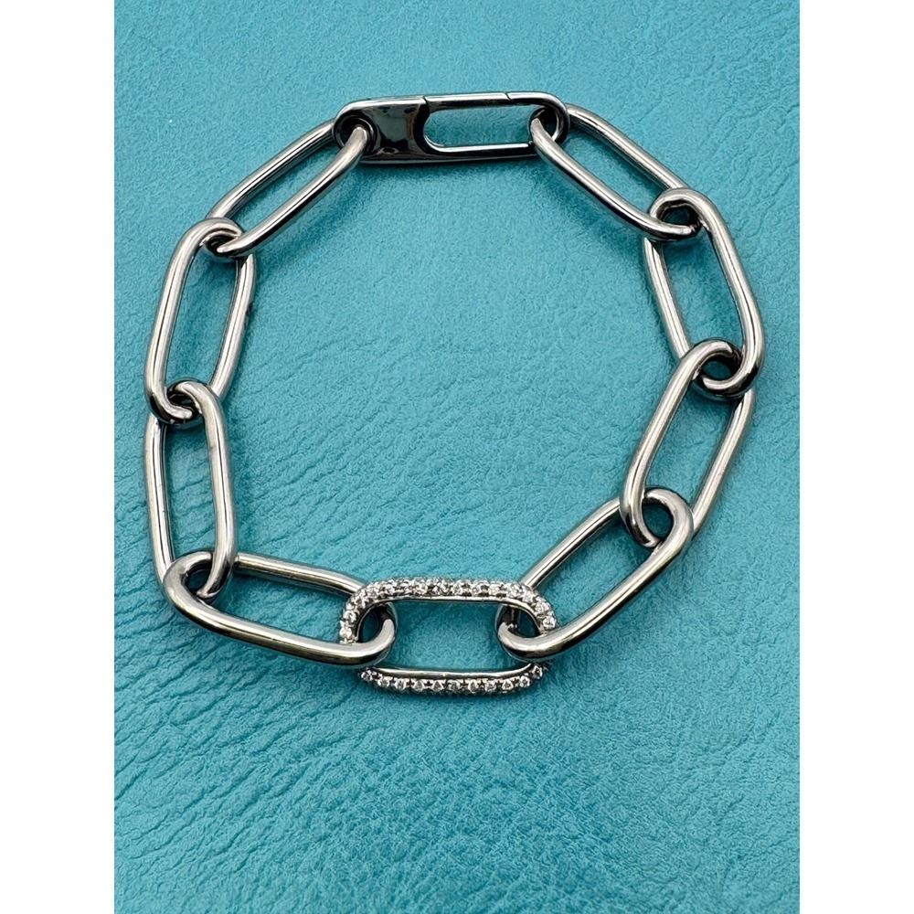 Sterling Silver 925 Italy Pave Crystal Paperclip Link Bracelet 7.5"